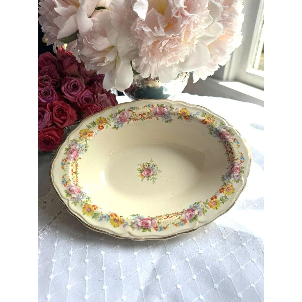 Edwin M Knowles China Floral Oval Serving Bowl Cream Pink Floral Gold